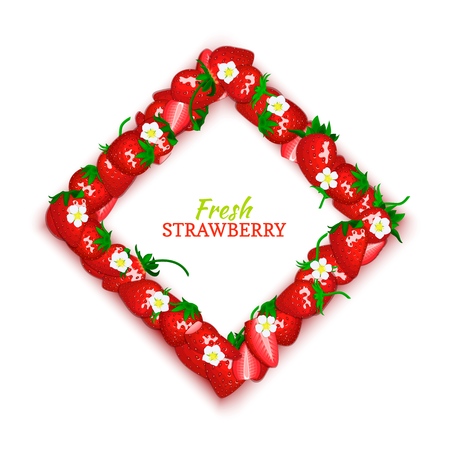 Vector card illustration. Rhombus frame composed of delicious strawberry fruit. Square strawberry frame. Ripe fresh berries for design food, juice, jam, ice cream, smoothies, detox, cosmetics cream.のイラスト素材