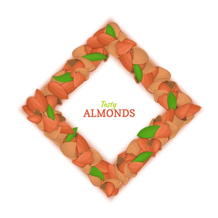 Rhombus frame composed of delicious almond nut. Vector card illustration. Nuts frame, almonds fruit in the shell, whole, shelled, leaves for for packaging design food, ice cream, detox cosmetics creamのイラスト素材