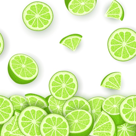 Vector illustration of falling lime fruit. Green lemon vector pattern citrus fruits whole and slice for design of food packaging breakfast.のイラスト素材