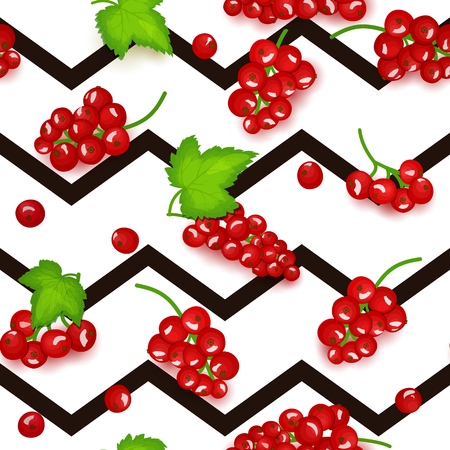 Seamless vector pattern of red currant fruit. Striped zig zag background with red currant berries for design of food packaging juice breakfast, cosmetics, tea, detox.のイラスト素材