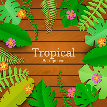 Jungle leaf in art paper style on wooden background with place for promotoin text. Spa salon card template. Exotic tropical jungle rainforest bright green palm monstera leaves and flowers border frameのイラスト素材