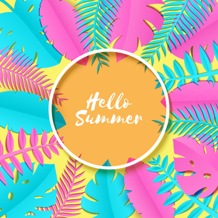 Summer Tropical palm leaves, plants in trandy paper cut style. White round frame on exotic blue pink leaves on yellow sunny background Hawaiian summertime. Circle lable. Vector card illustration.のイラスト素材