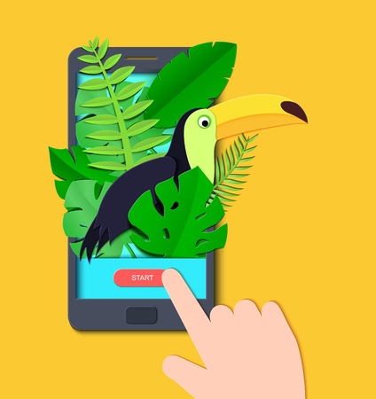 Tropical paradise paper background with leaves and exotic birds in mobile phone and hand. Toucan look out over the thickets of the jungle from screen. Vector card illustration in paper art styleのイラスト素材