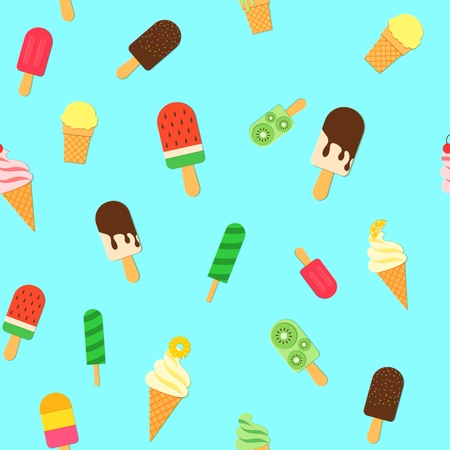 Ice Cream repeat seamless pattern in trendy paper cut style. Tasty bright ice-cream stick and cones summer on blue background for package design Vector card illustration in paper cutting art style.のイラスト素材