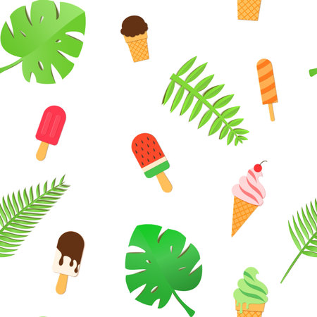 Ice Cream and tropical leaves seamless pattern in trendy paper cut style. Tasty summer bright ice...