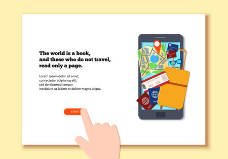 Mobile phone template in paper cut style. Smartphone with things for travel and hand. Black craft flat phone with suitcase passport luggage map. Vector card illustration. Landing page.のイラスト素材