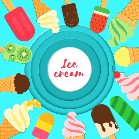 Ice cream round frame of tasty bright icecream stick and cones summer on blue layer background for package design, promotion flyer, T-shirt printing, Vector card illustration in papercutting art styleのイラスト素材
