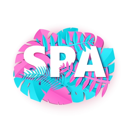 Word SPA composition with pink blue jungle leaves on white background in paper cut style. Tropical craft leaf and white letters for design poster, banner, flyer T-shirt printing. Vector illustration.のイラスト素材