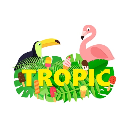 Word TROPIC composition with jungle leaves ice cream toucan flamingo on white background in paper cut style. Yellow letters for design poster, banner, flyer T-shirt printing. Vector card illustration.のイラスト素材