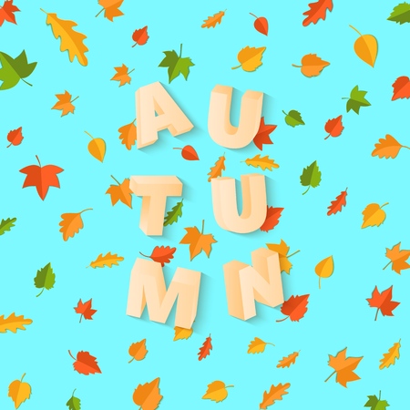 Word AUTUMN composition with green yellow red leaves on blue background in paper cut style. Fall leaf 3d realistic letters for design poster, banner, flyer T-shirt printing. Vector card illustrationのイラスト素材