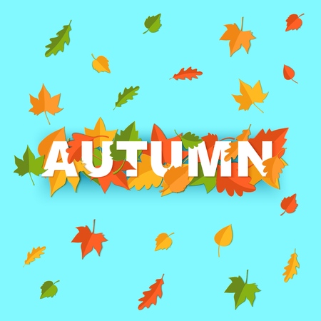 Word AUTUMN composition with green yellow red leaves on blue background in paper cut style. Fall leaf realistic yellow letters for design poster, banner, flyer T-shirt printing. Vector illustrationのイラスト素材