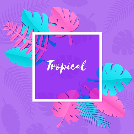 Composition with creative pink blue jungle leaves on purple background in paper cut style. Tropical leaf violet glass square frame, template for design poster, banner, flyer T-shirt printing, Vector.のイラスト素材