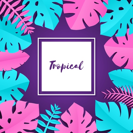 Composition with creative pink blue jungle leaves on violet background in paper cut style. Tropical leaf white square frame, template for design poster, banner, flyer T-shirt printing, Vector.のイラスト素材