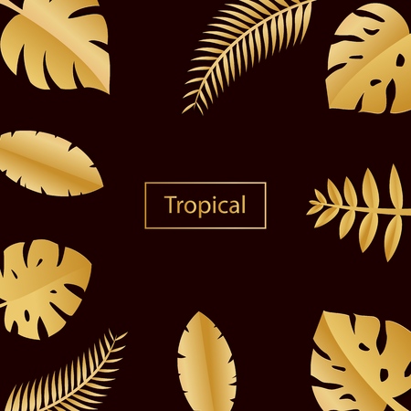 Composition with luxury golden jungle leaves on dark background in paper cut style. Tropical leaf gold square frame, template for design poster, banner, flyer weddingcard, Vector illustration.のイラスト素材