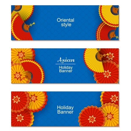 Chinese New Year greeting card with tradition pattern and round paper fans, paper cut origami flyer on white background. Template of promotion, sale banner. Vector illustrationのイラスト素材