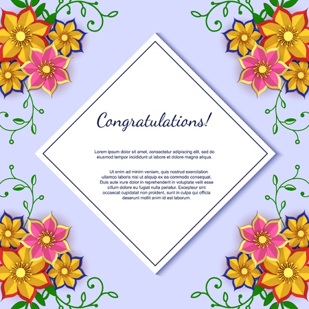 Paper art flowers background with sheet of paper. Floral square frame. Vector card illustration. Backdrop with paper flowers and place for text, for wedding invitation, spring sale, romantic letterのイラスト素材