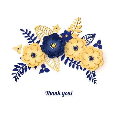 Paper cut design with flower composition. Beautiful background with fantasy floral decorations and leaves in blue and yellow colour. Element of frame for thank you, wedding card. Vector illustration.のイラスト素材