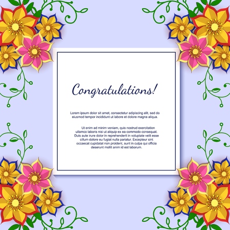 Paper art flowers background with sheet of paper. Floral square frame. Vector card illustration. Backdrop with paper flowers and place for text, for wedding invitation, spring sale, romantic letter.のイラスト素材