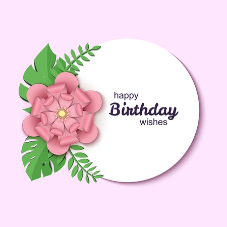 Paper cut design with round sticker and flower composition. White circle with paper fantasy floral decorations. Template greeting flyer, save the date, birthday, thank you card. Vector illustrationのイラスト素材