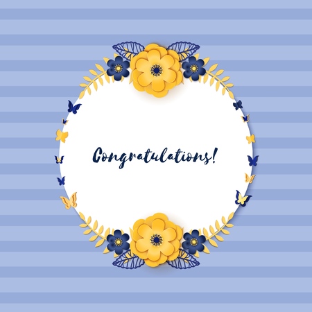 Paper cut design with round flower composition. White sticker with paper fantasy floral decorations on blue striped background. Template greeting flyer, save the date card. Vector illustrationのイラスト素材