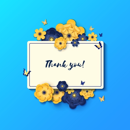 Thank you card with Paper cut flowers and butterfly on blue background. Origami concept, Vector illustration. Flyer with paper flowers and place for text, for invitation, spring sale, romantic letter.のイラスト素材