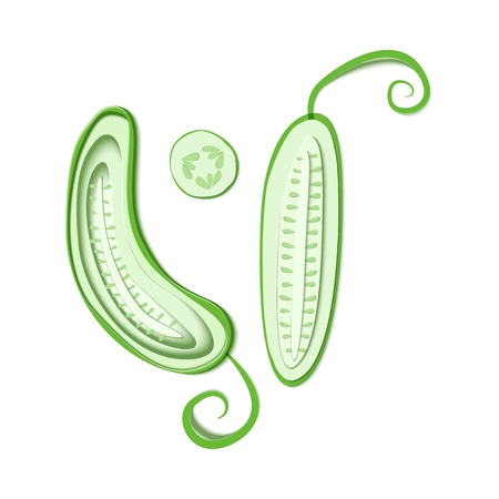 Set of paper cut green cucumber. Vector paper craft design in the form of ripe slice cucumber vegetable with leaf. Vector illustration. Paper applique art style vegetable. Origami conceptのイラスト素材