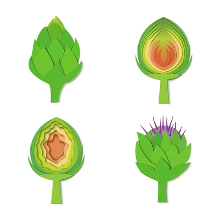 Set of paper cut green artichokes. Vector paper craft design in the form of ripe artichoke whole and slice. Vector illustration. Paper applique art style vegetable. Origami concept.のイラスト素材
