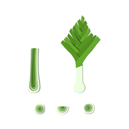 Set of green leek paper cut style. Origami vegetable isolated on white background. Collection of onion layers cut out of paper. Vector illustration.のイラスト素材