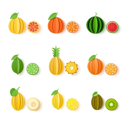 Set of tropical fruits in paper cut style. Whole and sliced orange, tangerine, pineapple, lime, lemon, grapefruit, melon, watermelon, kiwi in origami art. Vector card illustrationのイラスト素材