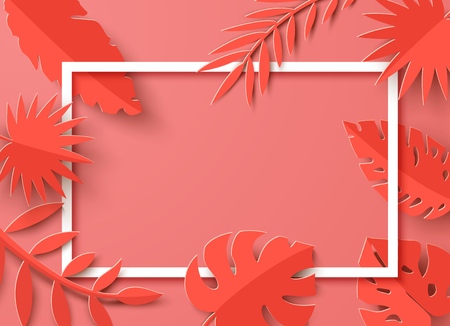 White paper cutting frame on a background of tropical red leaves. Exotic greeting card banner, summer party invitation template with place for text. Vector card illustrationのイラスト素材