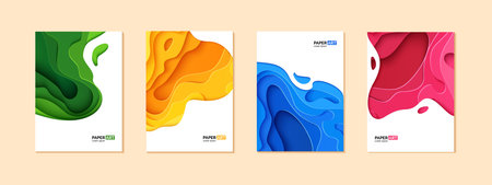 Set of four flyers in cut paper style. Blue, green, yellow and pink template for posters, brochures,...