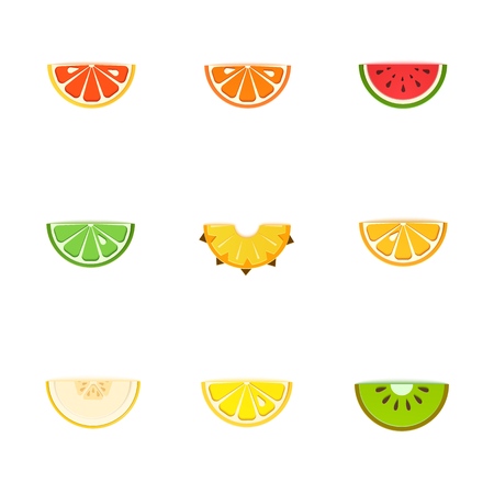 Set of tropical half lobule fruits in paper cut style. Slice citrus orange, tangerine, pineapple, lime, lemon, grapefruit, melon, watermelon, kiwi with leaf in origami art. Vector card illustrationのイラスト素材