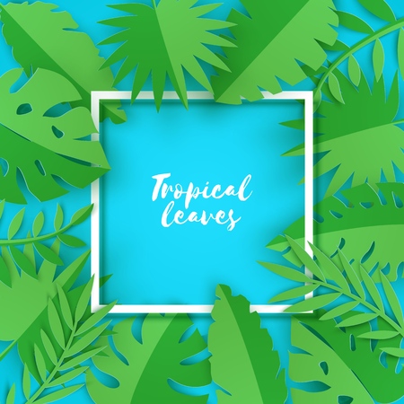 Abstract paper cut leaves for banner design. Party invitation.Vector floral template. Jungle foliage illustration. Tropical paper palm, monstera leaves with white frame on blue backgroundのイラスト素材