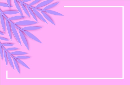 Abstract paper cut purple leaves for banner design. Party invitation. Vector floral template. Jungle foliage illustration. Tropical paper palm, monstera leaves with white frame on pink backgroundのイラスト素材