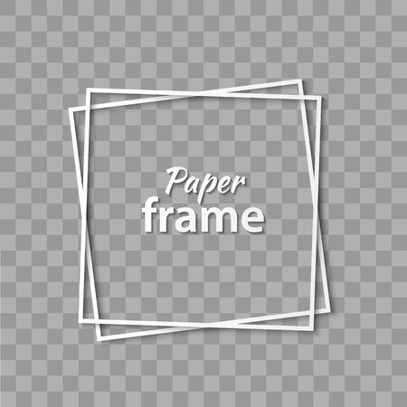 Paper cut white frame with realistic shadow. Two inclined square frames lie one on another. Vector card illustration with place for selling advertising text. 3d banner on transparent backgroundのイラスト素材
