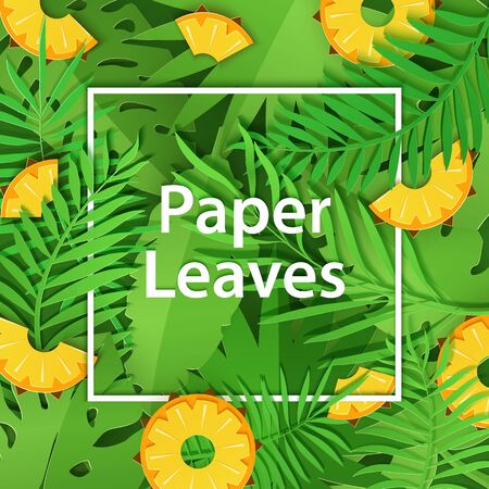 Paper cut white frame with heavy foliage and citrus pineapple. Square frame lie on green jungle leaves and slice fruit. Vector card illustration with place for selling advertising textのイラスト素材