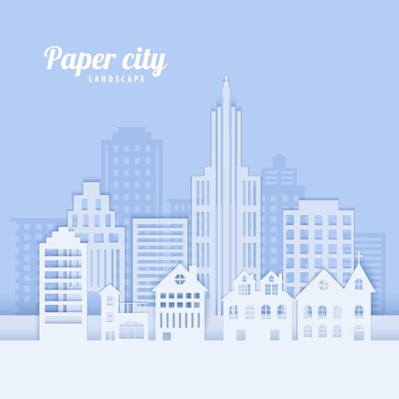 City landscape in paper cut style. White papercut office and residential buildings for city ecology brochures, environmental Protection, housing rental advert. Vector card architecture panoramaのイラスト素材