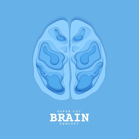 Section of the human brain in papercut style. Blue cardboard cutting layers symbol of right and left hemisphere. Creative vector brainstorm concept for business flyers, teamwork postersのイラスト素材