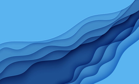 Blue abstract background in paper cut style. Layers of paper wavy water for World Oceans Day 8 June. Vector Earth posters template, ecology brochures, presentations, invitations with place for text.のイラスト素材