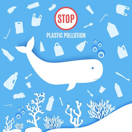 Dolphin under sea plastic trash floats around in paper cut style. Poster design template stop ocean plastic pollution. Vector ecological concept. Craft cardboard underwater ocean in blue white colorのイラスト素材
