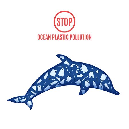 Dolphin inside plastic waste in paper cut style. Poster design template stop ocean plastic pollution. Vector ecological concept. Craft cardboard underwater ocean cave in blue color.のイラスト素材