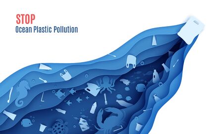 Stop ocean plastic pollution banner design template in paper cut style. Papercut butterfly fish, seahorse, moonfish, turtle, crab, octopus and plastic trash. Vector World Oceans Day concept.のイラスト素材
