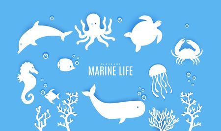 Set ot silhouette of marine life cut out of paper. Sea horse jumping dolphin whale crab, octopus, fish, algae, medusa, turtle. Collection papercut 3d element. Vector Ocean Day concept elementsのイラスト素材
