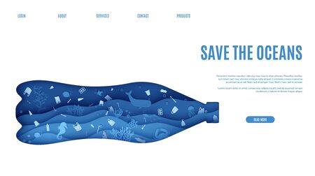 Web page stop ocean plastic pollution banner design template in paper cut style. Underwater view through the bottle silhouette. Seabed reef and fish in waves Vector World Water Day website concept.のイラスト素材
