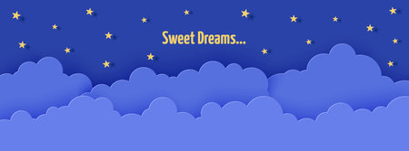 Night sky in paper cut style. 3d background with dark cloudy landscape with stars and moon papercut art. Cute cardboard origami clouds. Vector card for wish good night sweet dreams.のイラスト素材