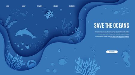 Web page design template in paper cut style underwater ocean underwater view through cave porthole. Coral reef seabed fish in algae waves. Vector paper craft diving World Water Day website concept.のイラスト素材
