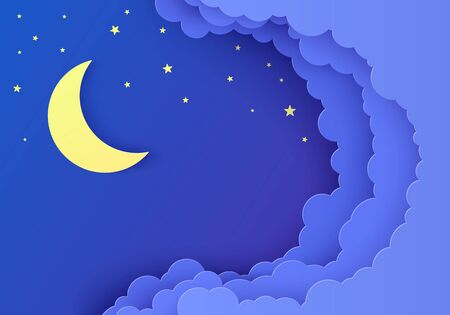 Night sky in paper cut style. 3d background with dark cloudy landscape with stars and moon papercut art. Sky with stars. Cute cardboard origami clouds. Vector card for wish good night sweet dreams.のイラスト素材