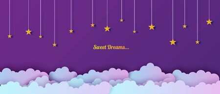 Night sky in paper cut style. Cut out 3d background with violet and blue gradient cloudy landscape with stars papercut art. Cute origami clouds. Vector card for wish good night sweet dreams.のイラスト素材