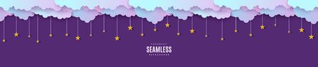 Night sky seamless pattern in paper cut style. Cut out 3d background with violet and blue gradient cloudy landscape with stars on rope papercut art. Cute vector origami clouds repetitive borderのイラスト素材
