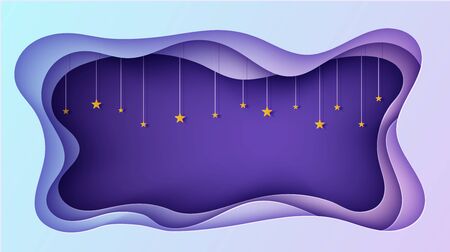 Night sky rectangular frame with stars on rope in paper cut style. Cut out 3d background with violet blue gradient papercut art. Fairy tale vector card illustration for wish good night sweet dreamsのイラスト素材